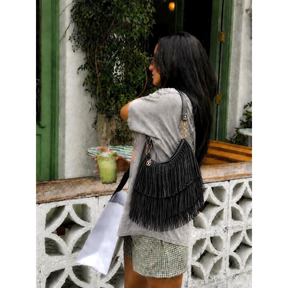 Vintage Black Leather Fringe Hobo Shoulder Bag Brazilian Boutique Y2K Boho Luxe